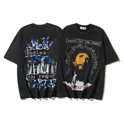 セントマイケルスーパーコピー半袖Tシャツコットンブラック柔らかい花柄ダメージ加工