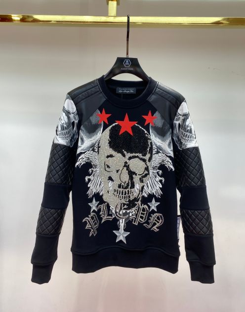 フィリッププレイン tシャツ激安通販 スカルプリント ファッション 純綿パーカー フードなし ブラック