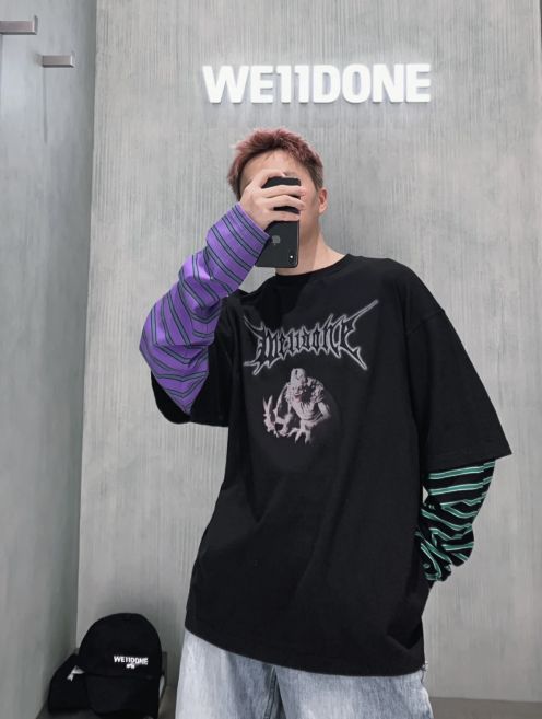 WE11DONE トップウェルコピー 長袖 ミックスTシャツ 純綿トップス ゆったり シンプル ブラック