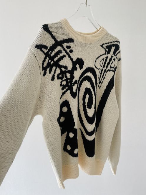 stussy ニットセータースーパーコピー ニットトップス 暖かい 日常服 大人気 グラフィティゆったり ホワイト