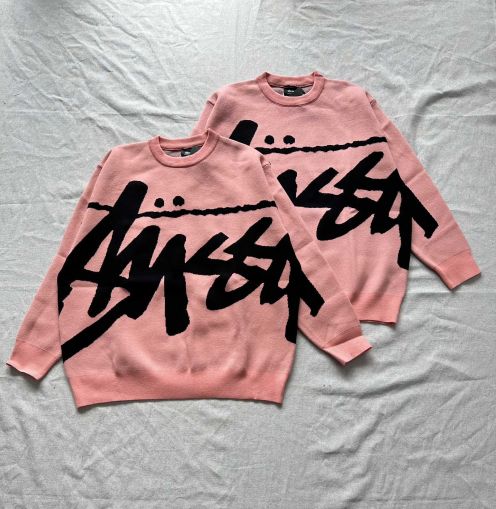 ステューシーセーターサイズ感偽物 ニットトップス 暖かい 日常服 大人気 大きいロゴ ゆったり ピンク