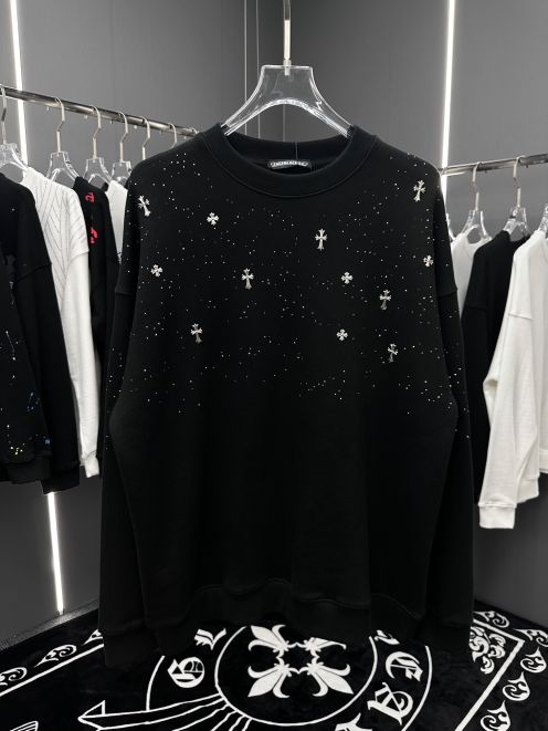 レディース クロムハーツパーカーｎ級品 カジュアルトップス 柔らかい フードなし 星飾り満載 ゆったり ブラック