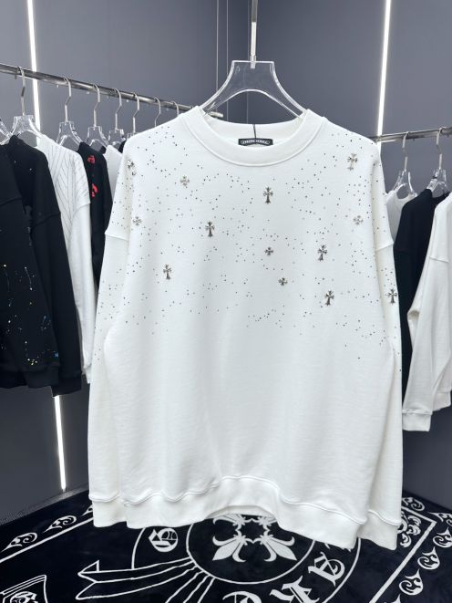 クロムハーツパーカー定価激安通販 カジュアルトップス 柔らかい フードなし 星飾り満載 ゆったり ホワイト