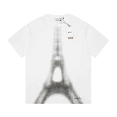 dior 服 tシャツ偽物 短袖 トップス 純綿tシャツ 鉄塔プリント ゆったり 男女兼用 ファッション ホワイト