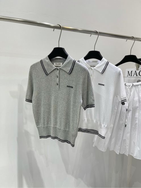ミュウミュウ ルックコピー ポロシャツ 半袖 シンプル ニット素材 柔らかい 学院風 2色可選