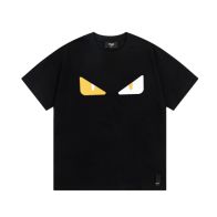 fendi ティー シャツ激安通販 プリント純綿 トップス 半袖 モンスター目プリント 男女兼用 シンプル ブラック