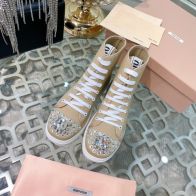 miumiu 厚底 靴Ｎ級品 カジュアルシューズ ダイヤモンド飾り ファッション 運動シューズ 牛革 ハイカット ブラウン