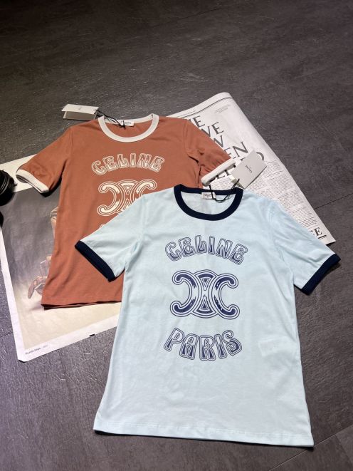 最前線2024 セリーヌtシャツサイズ激安通販 半袖 軽量 トップス シンプル 純綿 ロゴプリント 2色可選