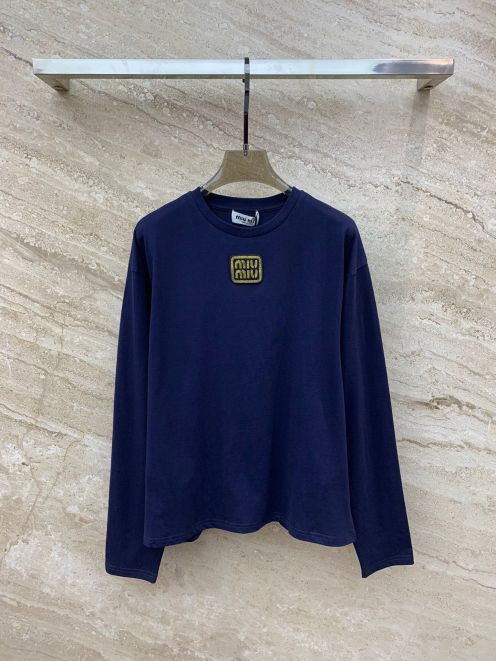 HOT 2024夏の定番 ミュウミュウツイストＮ級品 純綿 トップス Tシャツ 長袖 柔らかい シンプル ロゴ刺繍 ブルー