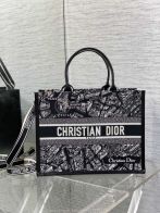 華やかなdior バッグコピー プリント ハンドバッグ 大容量 レザー トートバッグ 刺繡 ブラック