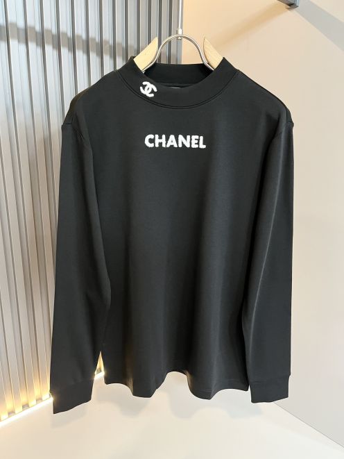 chanel t シャツコピー カジュアル トップス 男女兼用 ロゴ刺繍 長袖 純綿 ブラック