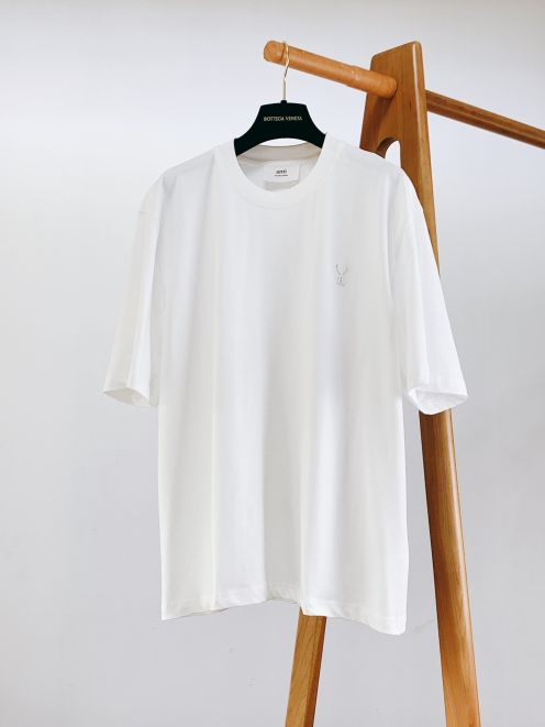 AMI アミ tシャツ 縫い方偽物 トップス 半袖 ロゴプリント 100％綿 シンプル ホワイト
