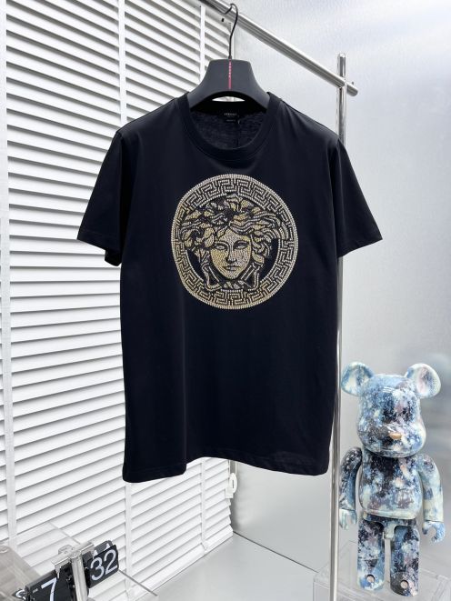 ヴェルサーチ ロングtシャツスーパーコピー トップス 綿100% 半袖Ｔシャツ ゆったり プリント  ブラック