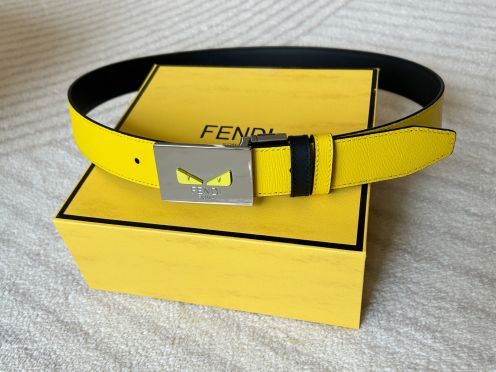 オンライン限定 fendi リバーシブルベルト偽物 両面兼用 シンプル 牛革 レザー  幅3.4cm カジュアル イエロー