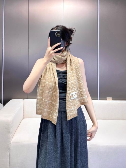 シャネル スカーフ 赤コピー カシミヤ 格子模様 柔らかい 保温 上質 カーキ色