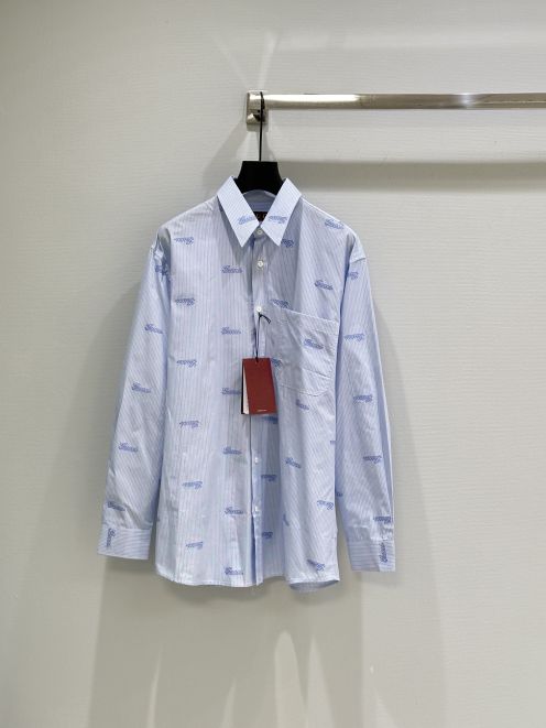 gucci オープン カラー シャツスーパーコピー 通勤 ゆったり 綿 男女兼用 ビジネス ロゴ刺繍 ブルー