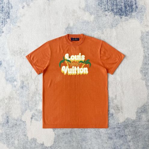 ルイヴィトン tシャツメンズ偽物 純綿 トップス 短袖 柔らかい プリント シンプル オレンジ色