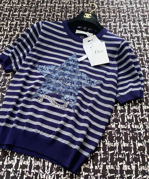高級品 レディース ディオールtシャツコピー 横縞 短袖 トップス 100％綿 ゆったり ブルー