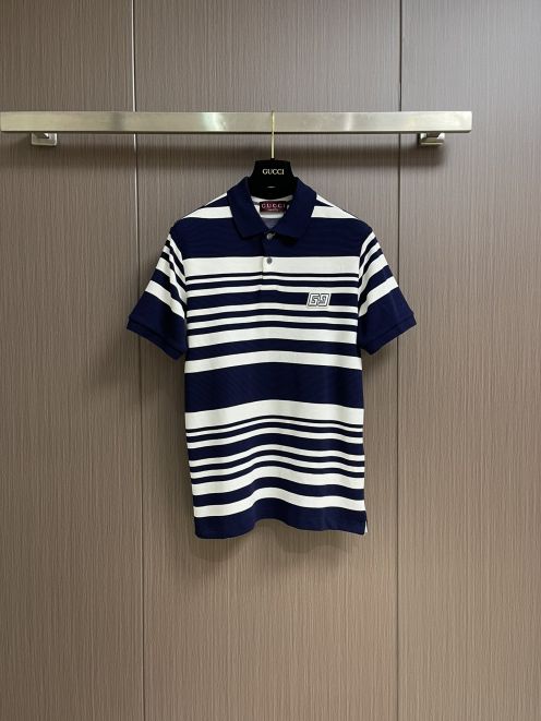 gucci シャツ レディースコピー トップス 横縞 短袖 カジュアル ポロシャツ ブルー