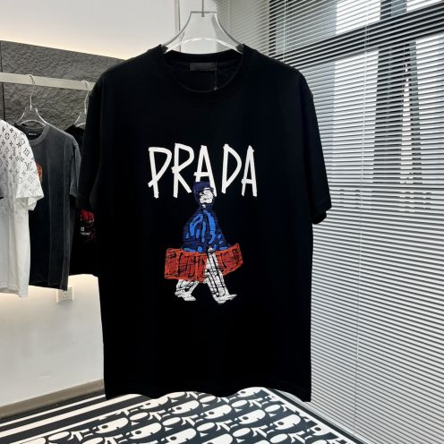 prada t シャツ レディースコピー Ｔシャツ 純綿 トップス 半袖 プリント カジュアル ブラック