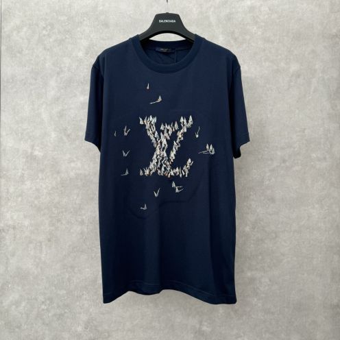 高級感溢れる LV ヴィトン tシャツ 公式コピー シンプル 純綿 半袖トップス ゆったり ブルー