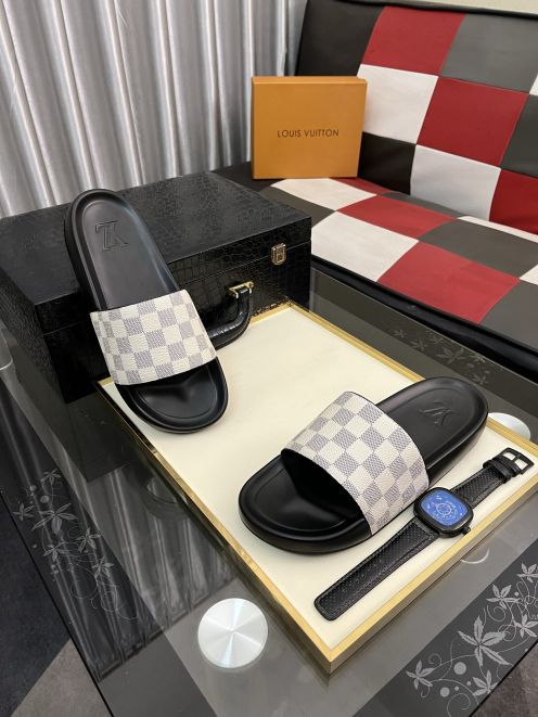 LV サンダルヒールコピー スリッパ  カジュアル 室内 格子模様 メンズ グレー