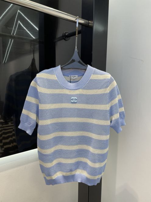 chanel クロップ t シャツ激安通販 シンプル 柔軟 トップス 短袖 100％綿 横縞 ブルー
