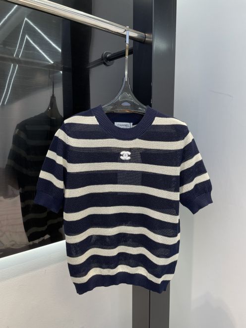 chanel の t シャツ偽物 シンプル 柔軟 トップス 短袖 100％綿 横縞 ブラック