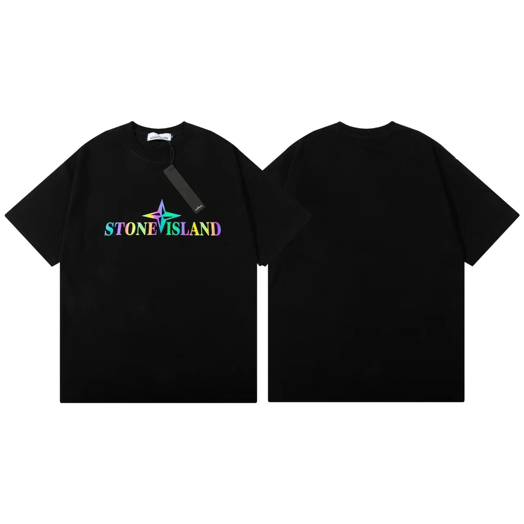 ストーン アイランド ロン t 定価偽物 半袖Tシャツ 純綿 シンプル 防臭 虹色のロゴ ブラック_1