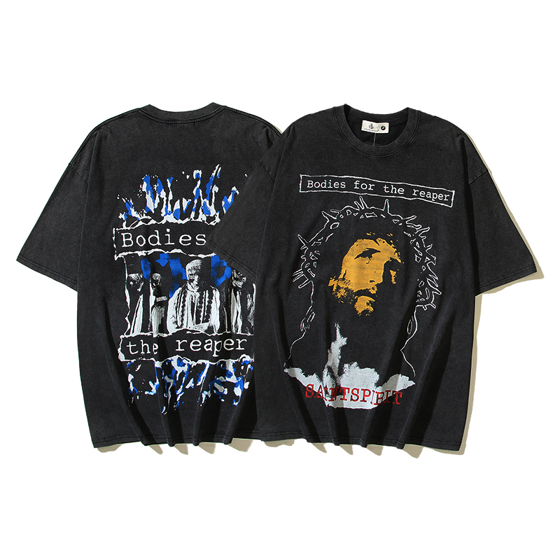 セントマイケルスーパーコピー半袖Tシャツコットンブラック柔らかい花柄ダメージ加工_1