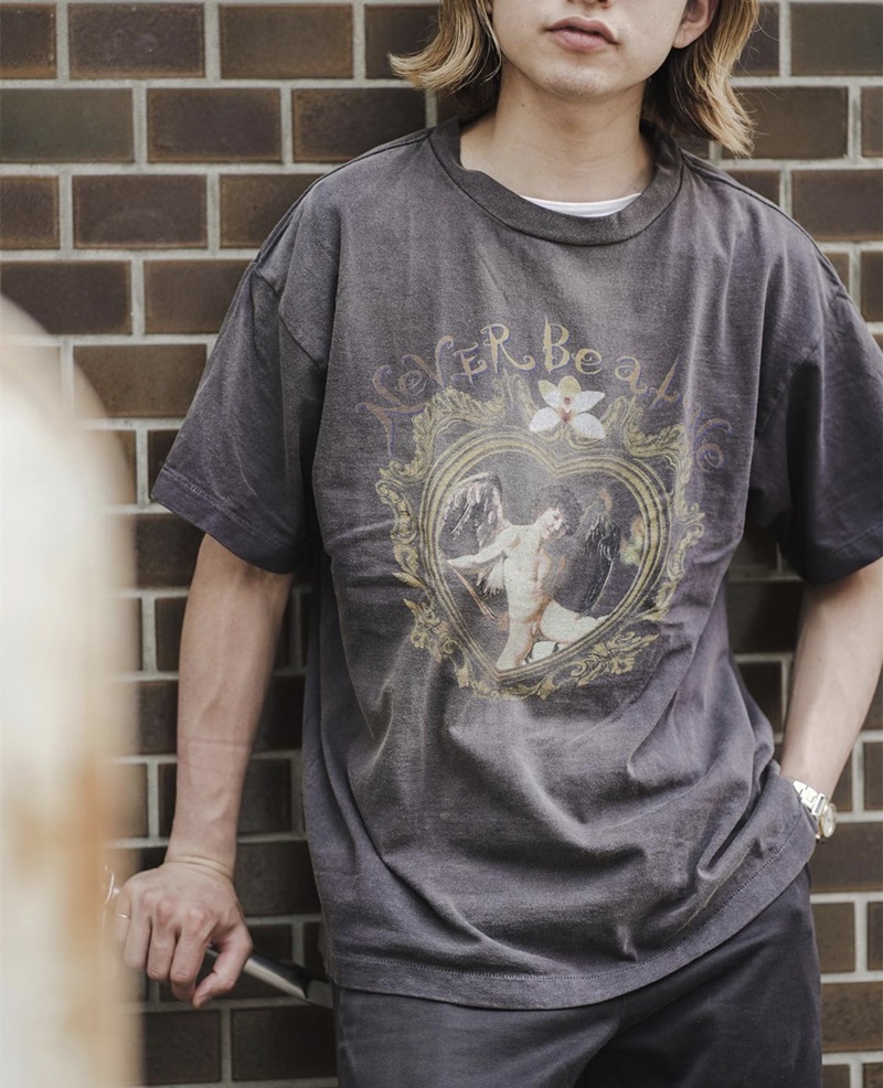 セントマイケル偽物コピー半袖Tシャツコットンブラック柔らかい高級花柄ダメージ加工_3