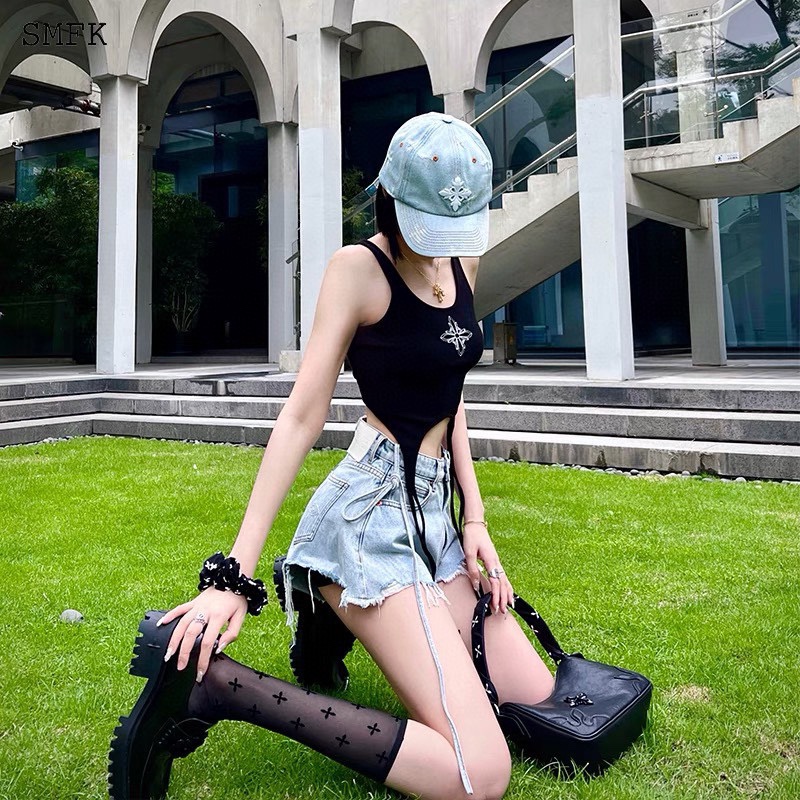 smfk 中国スーパーコピー 純綿 ジレー 無袖トップス セクシー 半身Tシャツ ブラック_5