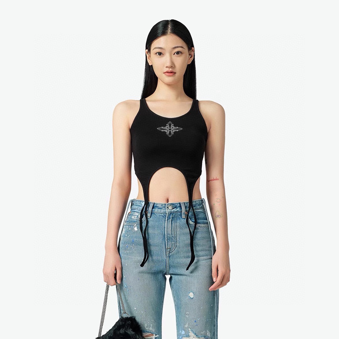 smfk 中国スーパーコピー 純綿 ジレー 無袖トップス セクシー 半身Tシャツ ブラック_6