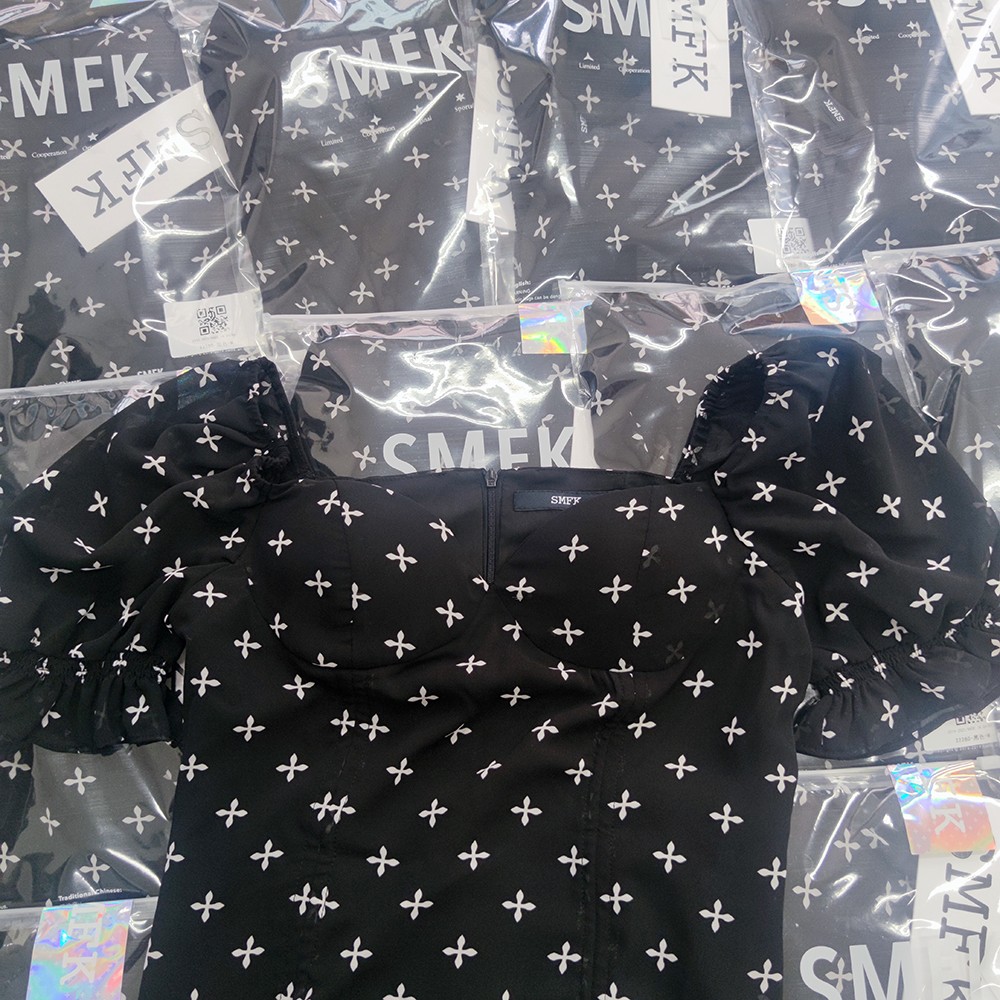 SMFKスカファッション偽物 スカート レディース 純綿 パフ袖 可愛い 水玉模様 ブラック_3