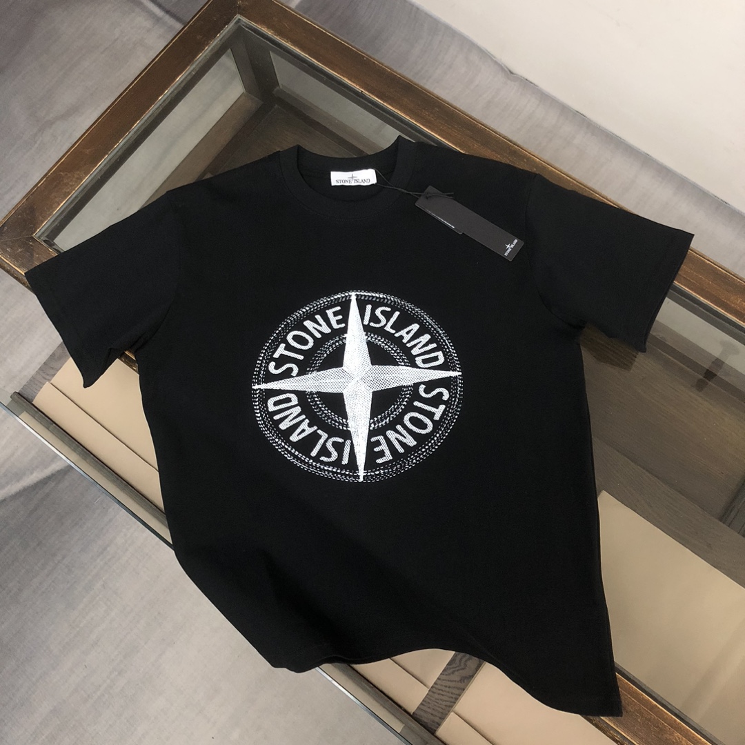 お買い得豊富なstone island トップスｎ級品 トップス 純綿Tシャツ 半袖 シンプル カップル 2色可選 ブラック_1
