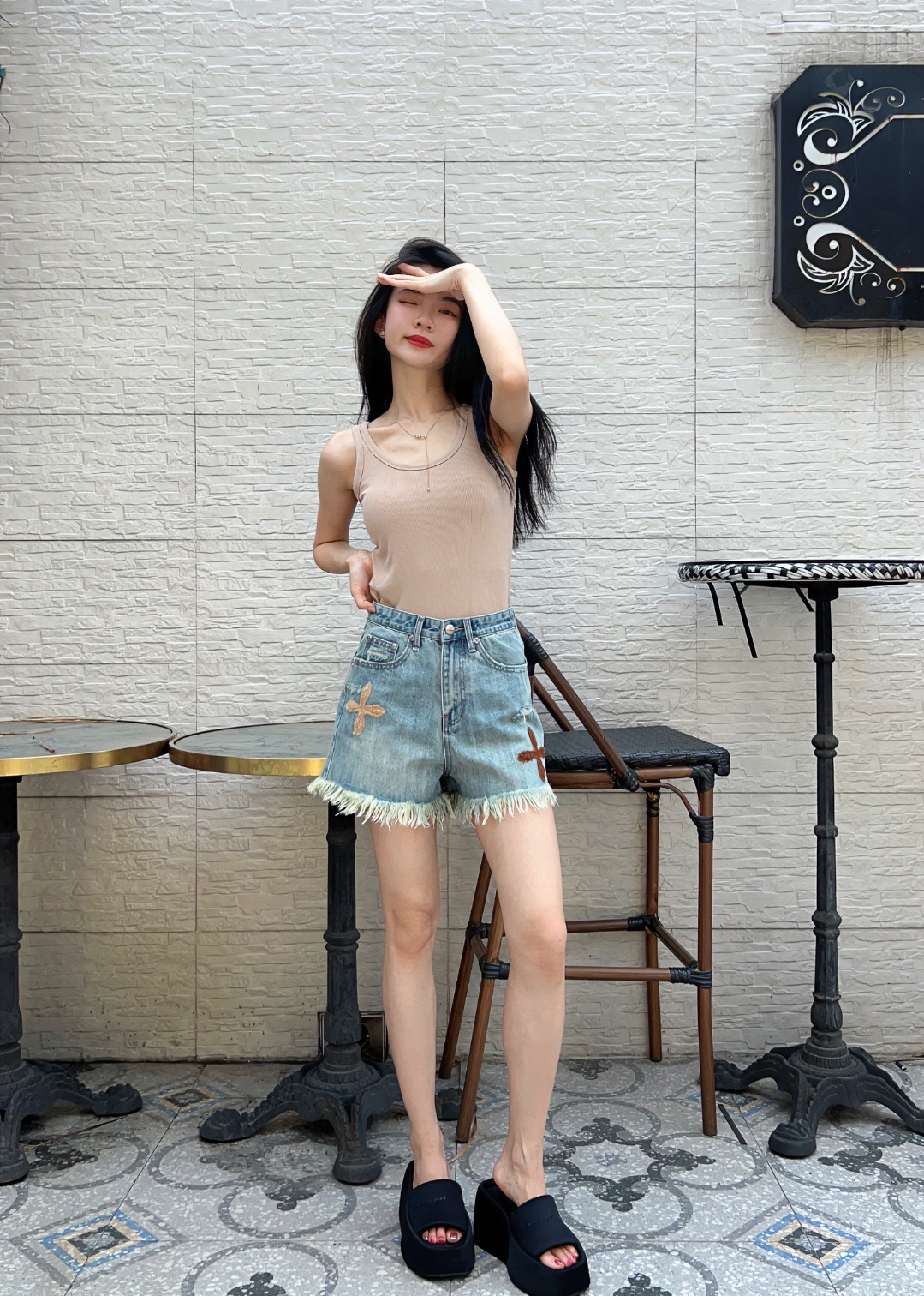 SMFKズボンチェックコピー 短パン ショットパンツ 半身ズボン デニム ファッション 美脚 レディース ブルー_7