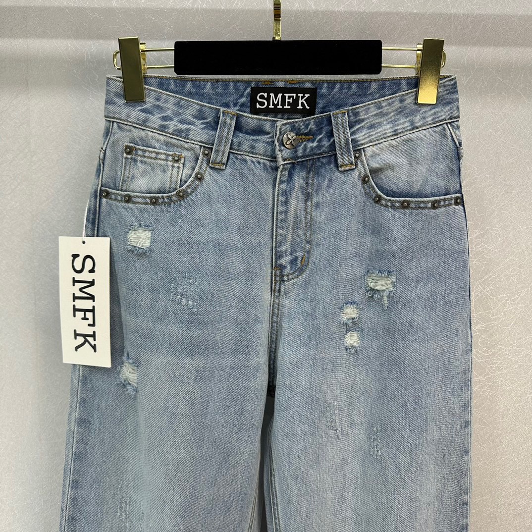 お得100%新品 SMFKジーンズチクマコピー シンプル パンツ 夏 デニムズボン ゆったり ラッパ形 人気新作 ブルー_5