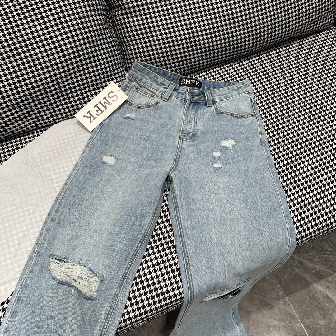 お得!!SMFKジーンズ日本偽物 シンプル パンツ 夏 デニムズボン ファッション ダメージ 人気新作 ブルー_4