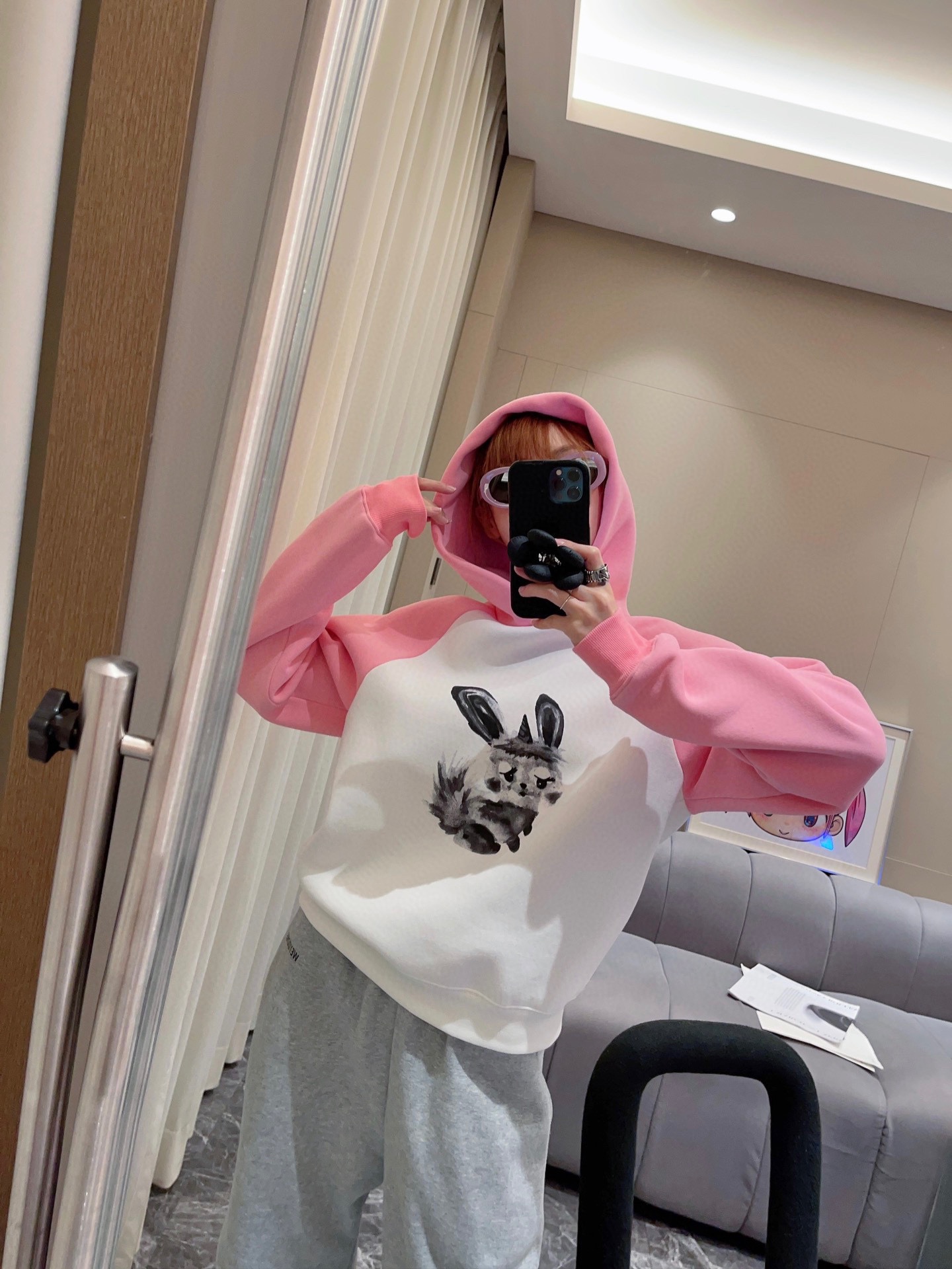 WE11DONE ウェルダン パーカーｎ級品 おすすめ 純綿トップス フード付き 兎プリント 可愛い ピンク_3