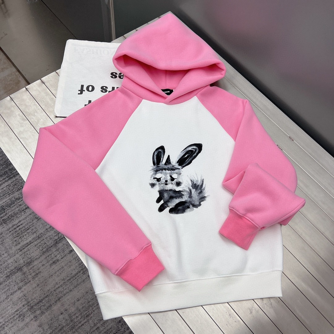 WE11DONE ウェルダン パーカーｎ級品 おすすめ 純綿トップス フード付き 兎プリント 可愛い ピンク_4