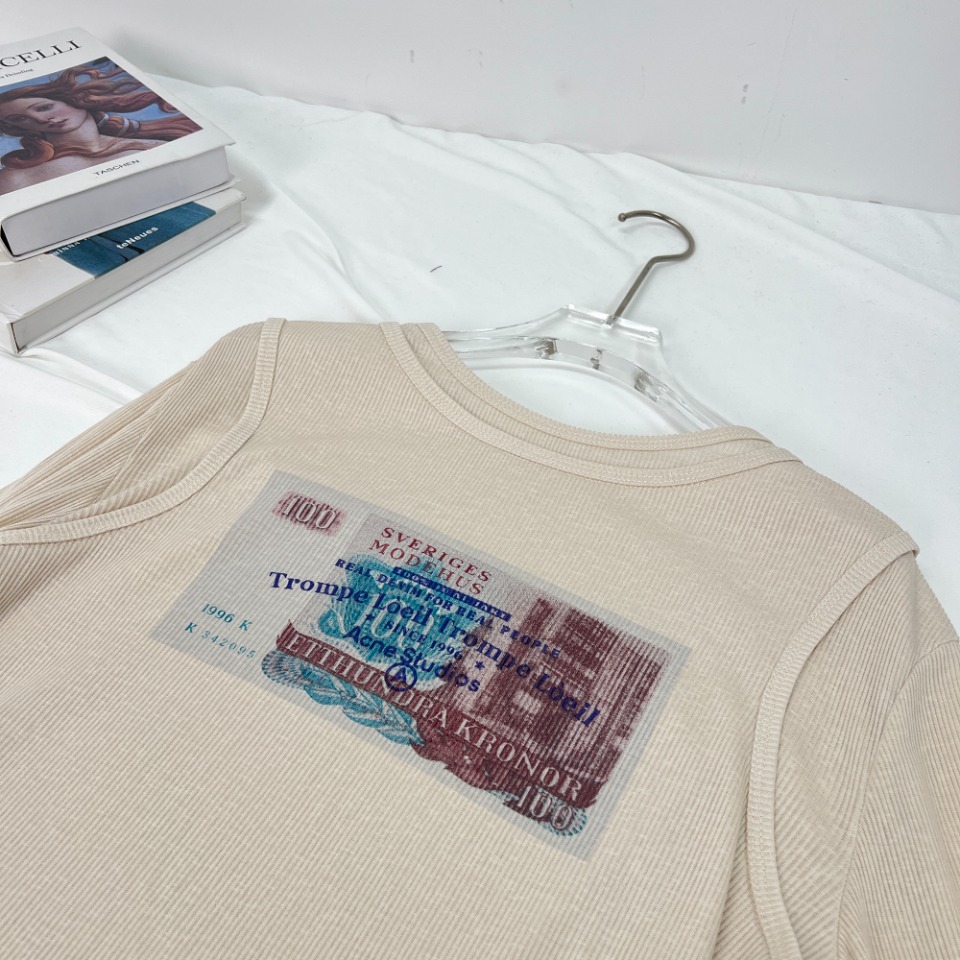 アクネ メンズ tシャツ偽物 純綿 激安品 長袖 トップス プリント フェイクレイヤード 通勤 レディース ブラウン_3