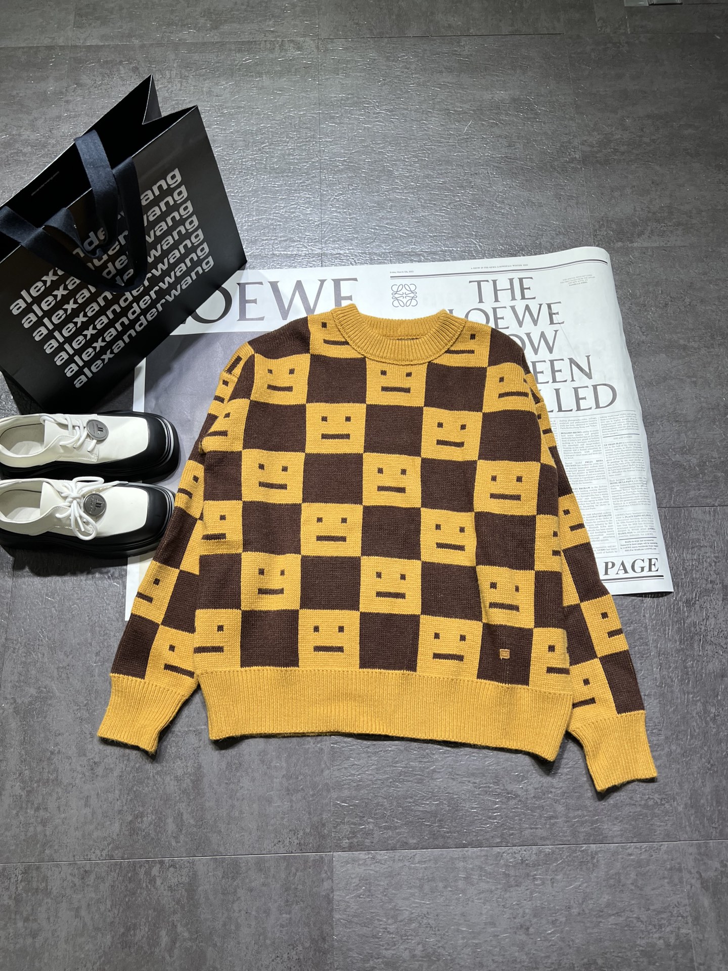 激安大特価最新作の アクネストゥディオズ ニット メンズ激安通販 冬服 暖かい セータートップス 格子模様 イエロー_1