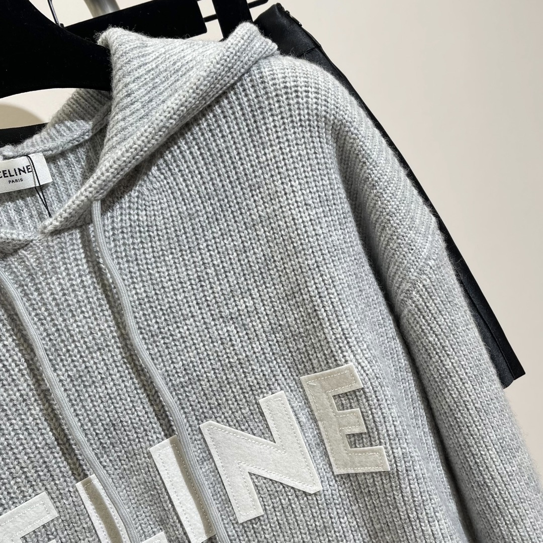 冬服 メンズ セリーヌセーター偽物 ニット トップス 暖かい 柔らかい 厚い ロゴプリント 人気新作 フード付き グレイ_5