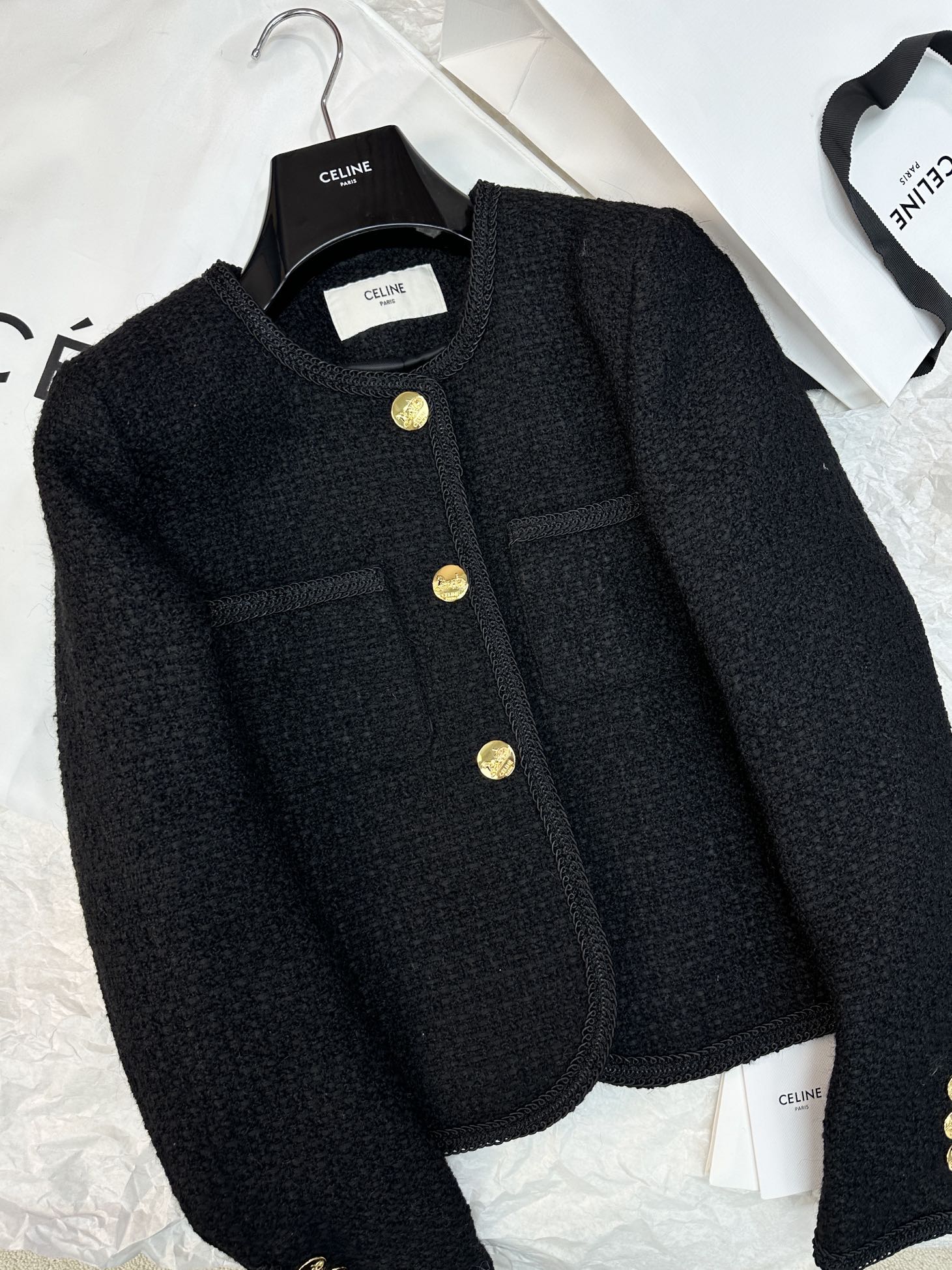 人気定番可愛い セリーヌ チェック ジャケット偽物 暖かい トップス アウター シンプル ファッション 人気 ジャケット レディース ブラック_1