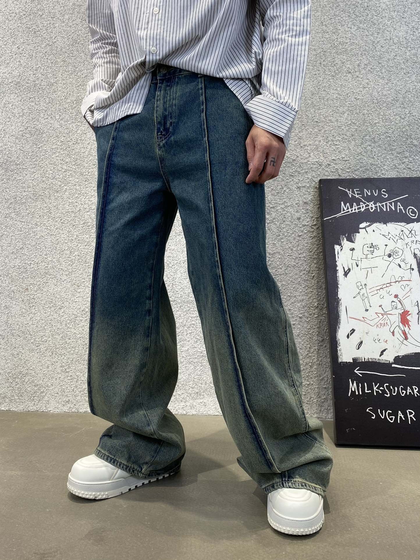 ASKYURSELF アスクユアセルフ デニム激安通販 デニム ジンーズ ズボン 筒形 ゆったり シンプル ブルー_1
