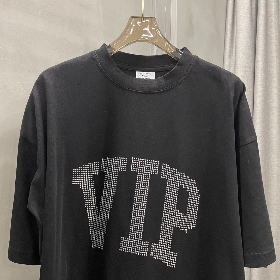 夏新款 ヴェトモン tシャツ 新作コピー 純綿 トップス 短袖  ゆったり ダイヤモンド飾り ブラック_4