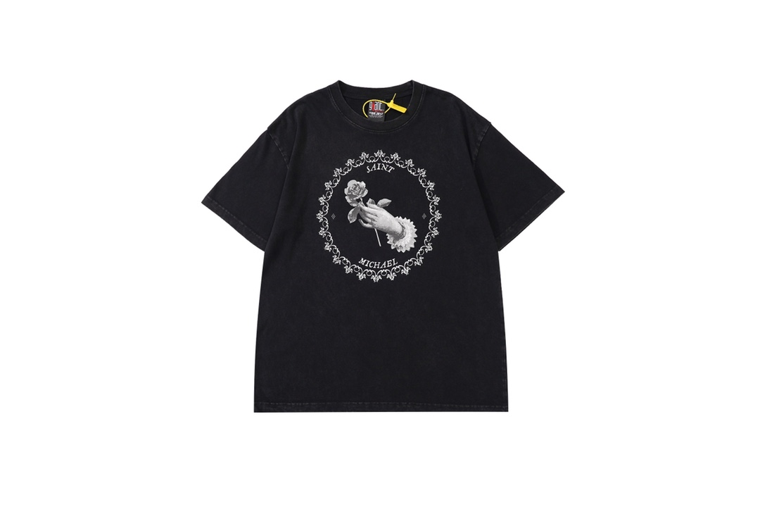 セントマイケル tシャツ 偽物コピー 平和鳩プリント トップス 純綿 半袖 シンプル バラプリント ブラック_1