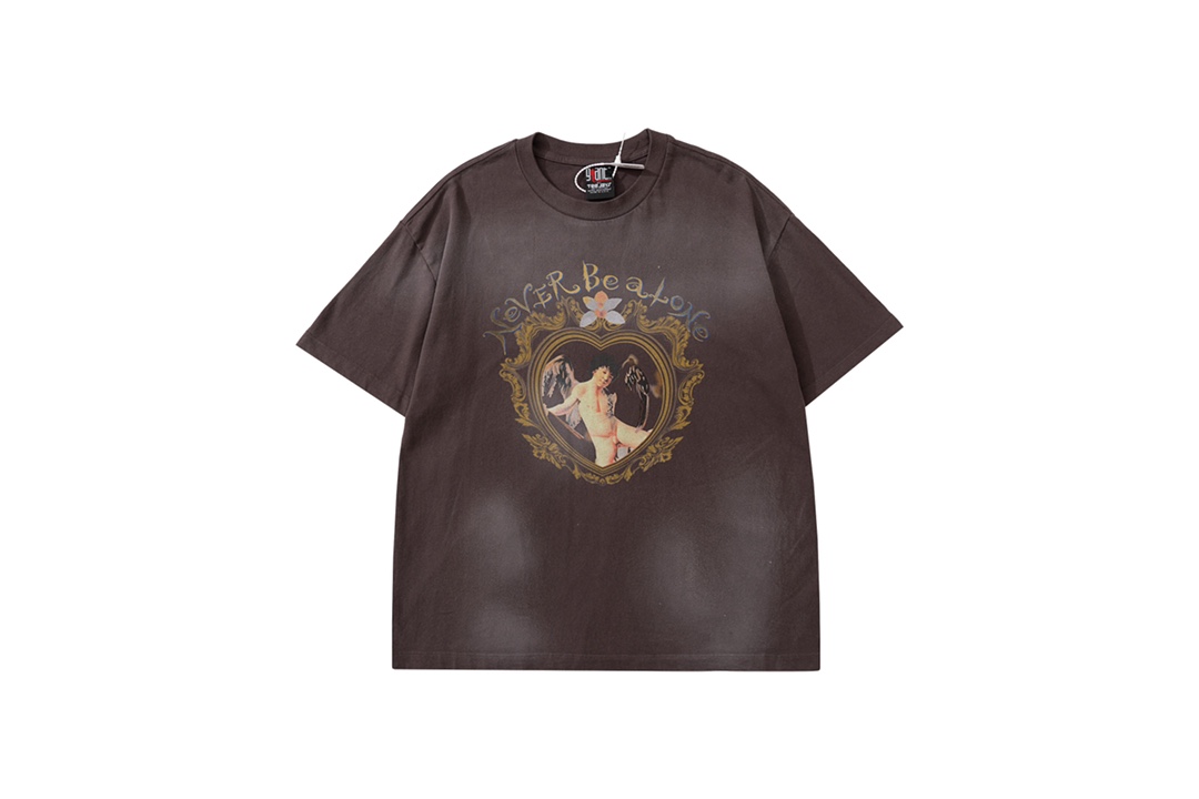 SAINTMICHAEL セントマイケル ロンt偽物 柔らかい トップス 純綿 半袖 天使プリント シンプル ブラウン_1