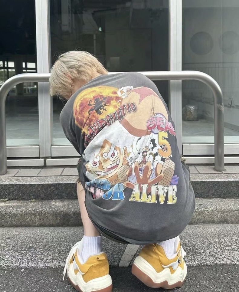 セントマイケル ルックｎ級品 夏服 ワンピース漫画プリント シンプル  純綿 トップス 半袖 カラフル 男女兼用 ブラック_7
