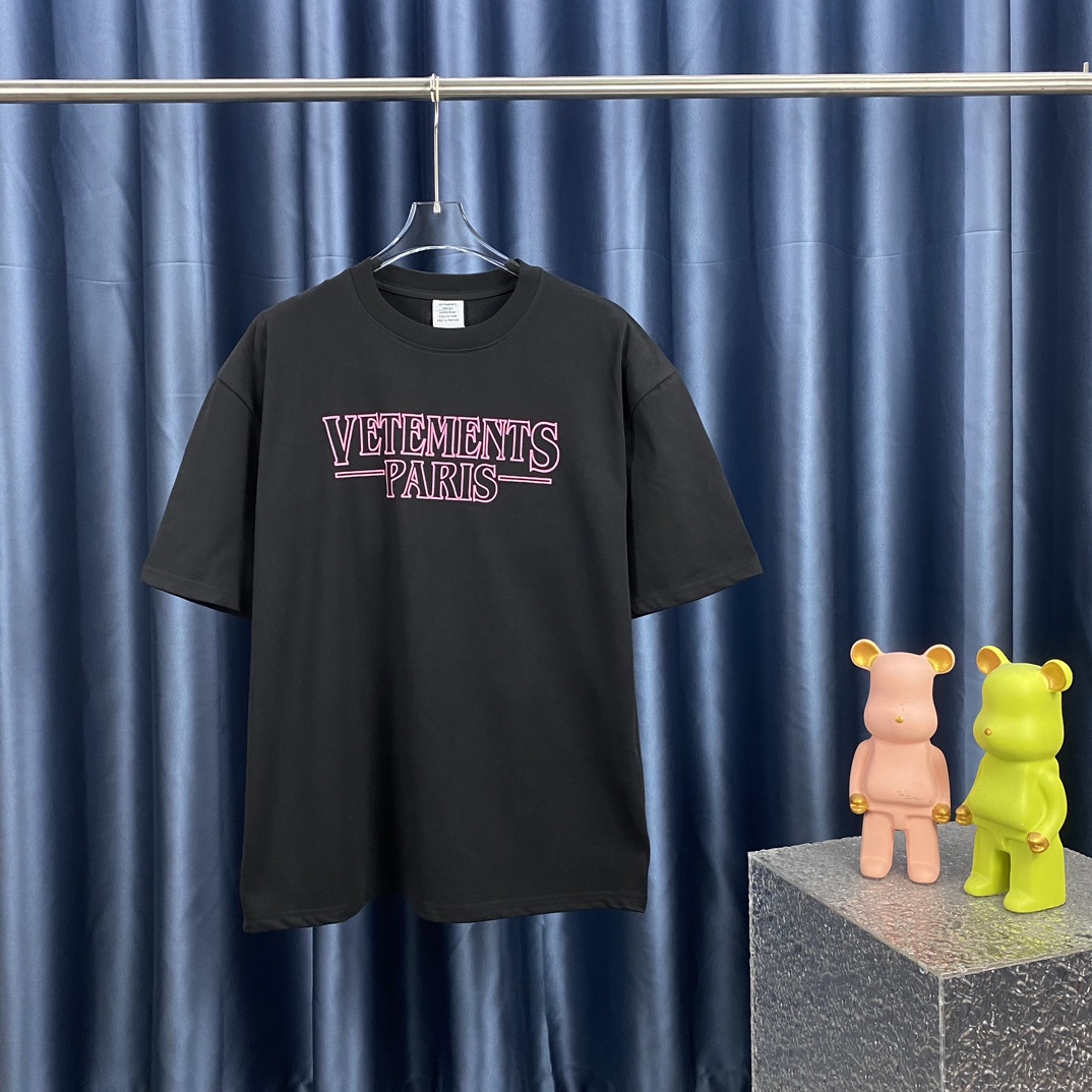 NEW夏の ヴェトモン ロゴ偽物 純綿 トップス 短袖 プリント Tシャツ 男女兼用 ファッション 大人気 ブラック_1